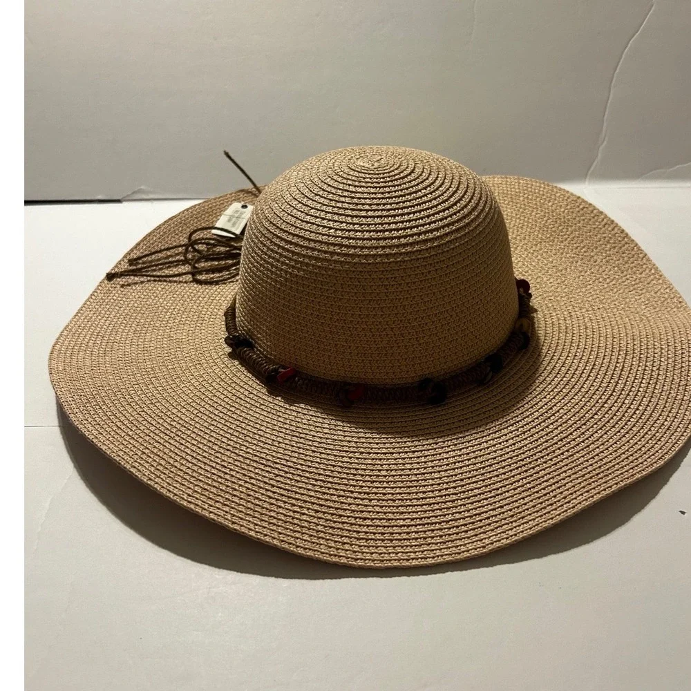 Tan Woven Paper Straw Wide Brim Floppy Sun Hat with Beaded Rope Band CHT1009PK